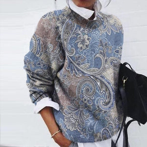 Blue Flower Paisley Print Long Sleeve Top