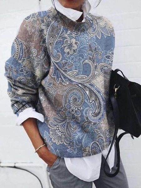 Blue Flower Paisley Print Long Sleeve Top