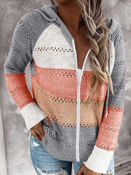 Zipped Horizontal Stripe Knit Hoodie