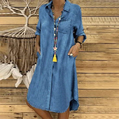 🔥2024 New Groovy Plain Collared Blue Midi Dress