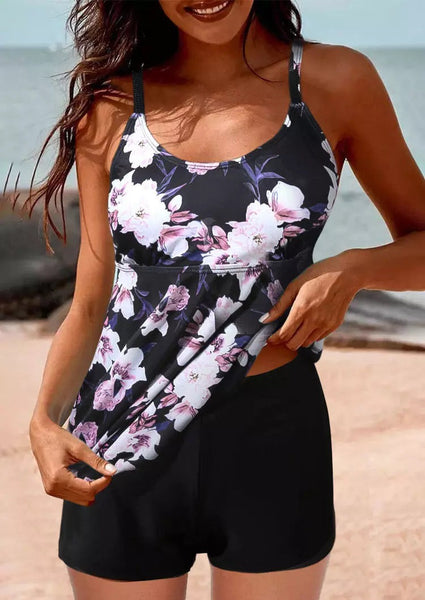 Black Floral Print Swimwear