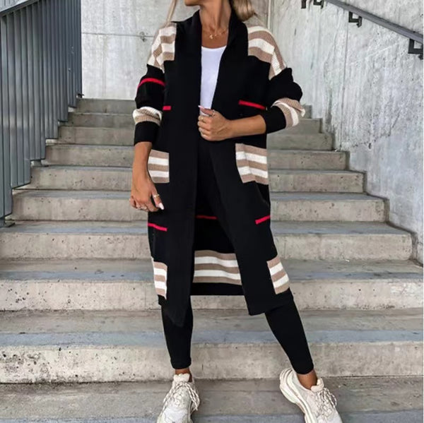 Striped long-sleeved cardigan with an open front