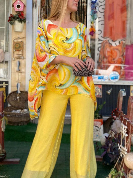 Women Colorful Chiffon Set Summer Casual Crew Neck Printed Two Piece Suit