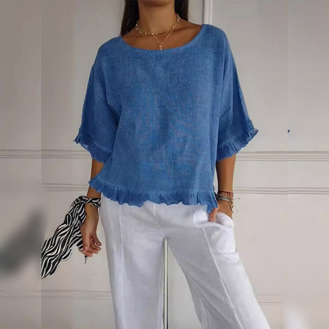 Round Neck Ruffled Hem Mid-sleeve Cotton and Linen Top