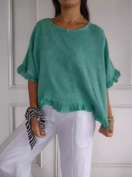 Round Neck Ruffled Hem Mid-sleeve Cotton and Linen Top