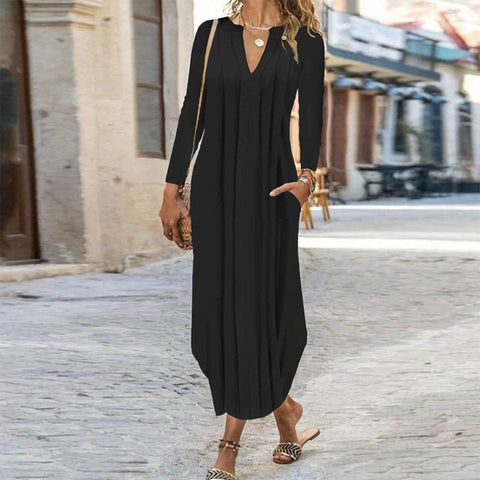 Black Long Sleeve Plain Midi Dress
