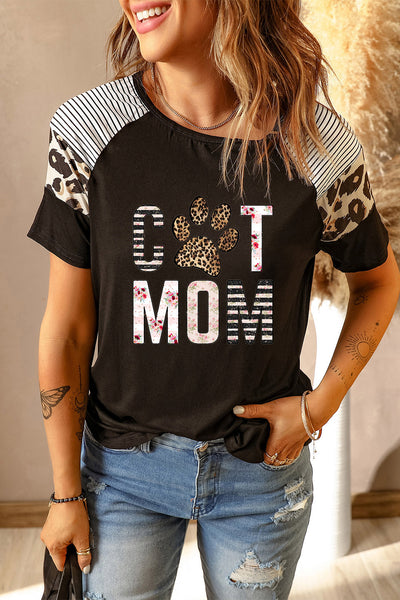 Striped Leopard Print Short Sleeve Women T-shirt