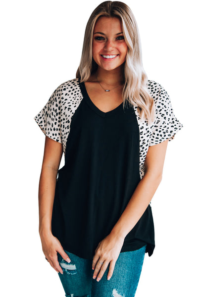 Leopard Sleeves Color Block V Neck T-shirt