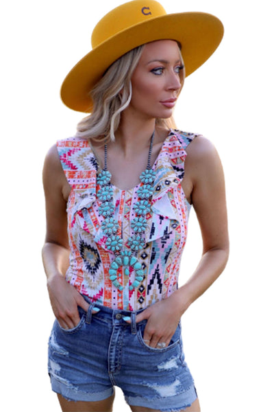 Western Aztec Print Ruffled Sleeveless Bodysuit