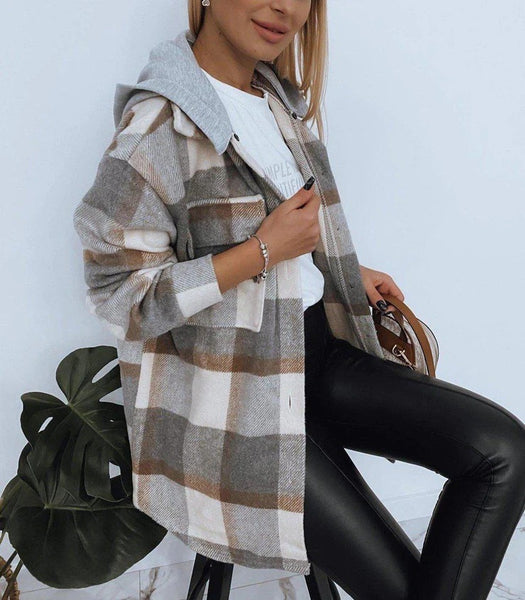 Everyday Front Pocket Plaid Hoodie Cardigan Jacket