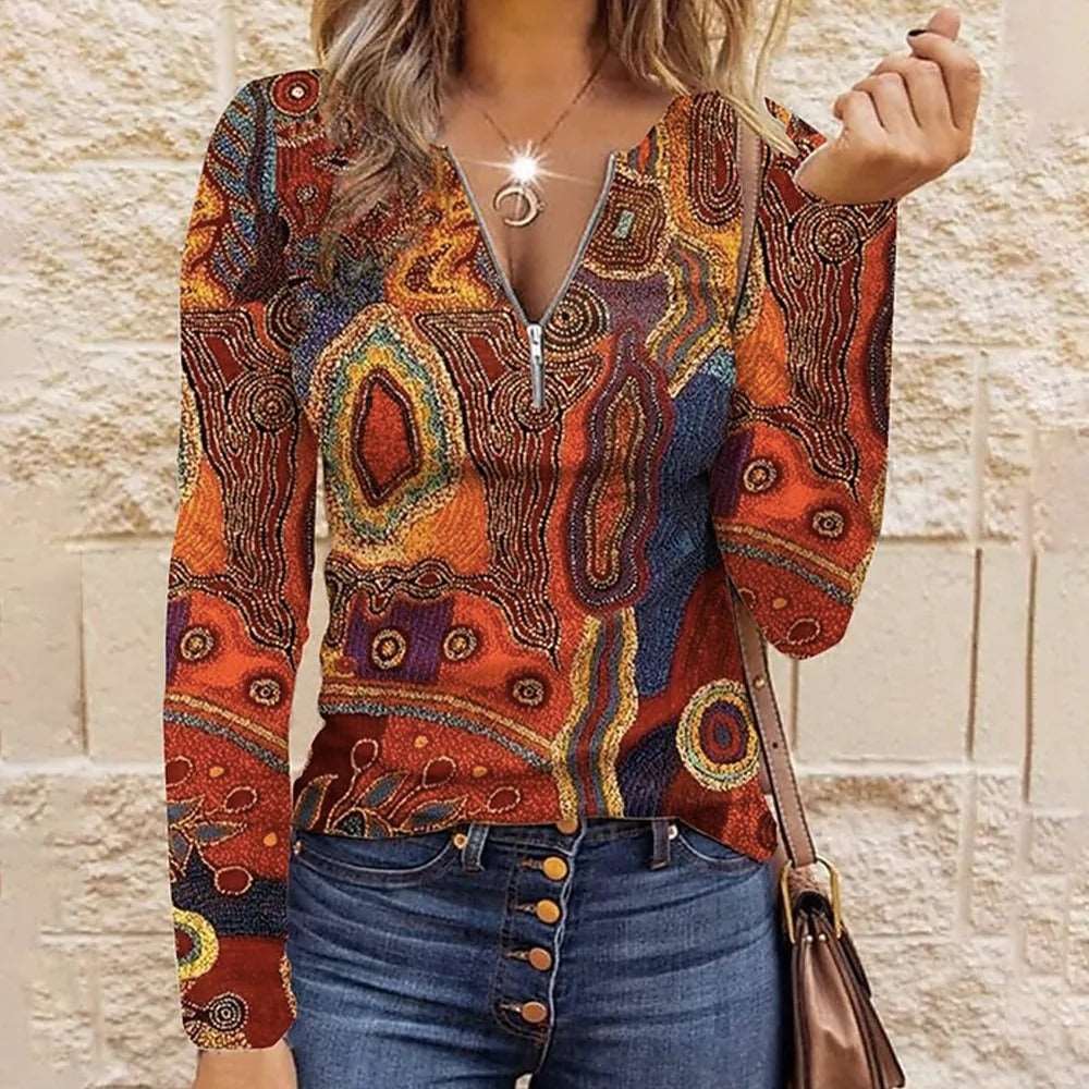 Autumn Aztec Geometric Zippered Long Sleeve Top