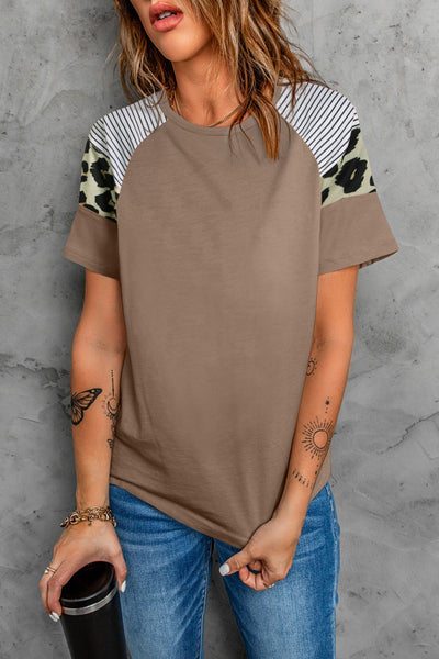 Striped Leopard Print Short Sleeve Women T-shirt