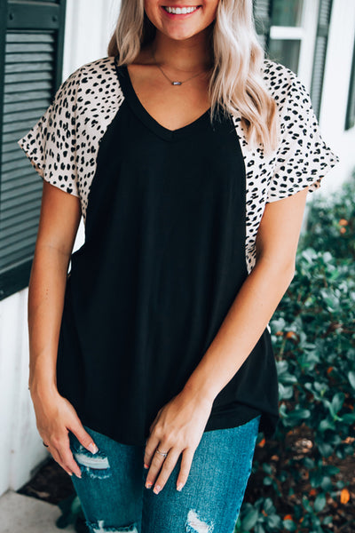 Leopard Sleeves Color Block V Neck T-shirt