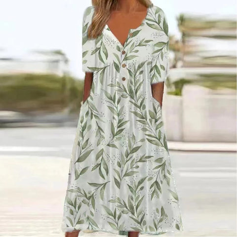 Green Paradise Short Sleeve Pleated Side Pocket Midi Dress