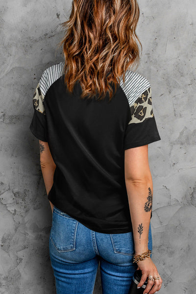 Striped Leopard Print Short Sleeve Women T-shirt