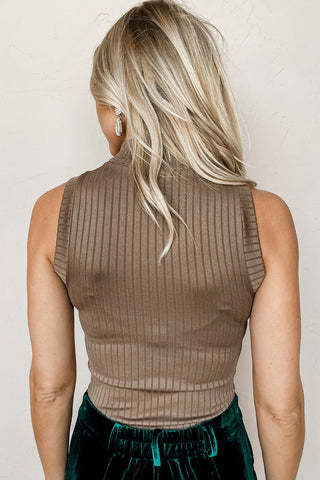 Khaki Ribbed Knit High Neck Tank