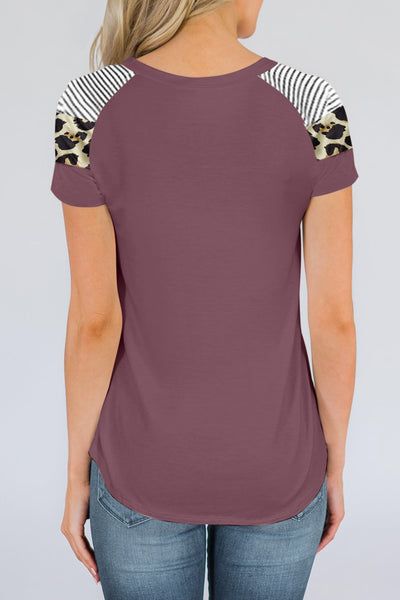 Striped Leopard Print Short Sleeve Women T-shirt