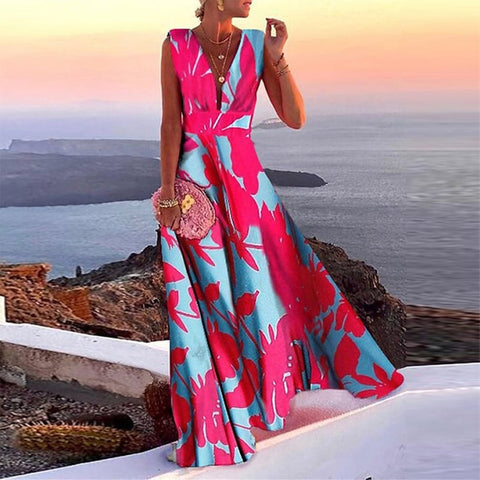 Sleeveless Magenta Floral Aqua Maxi Dress