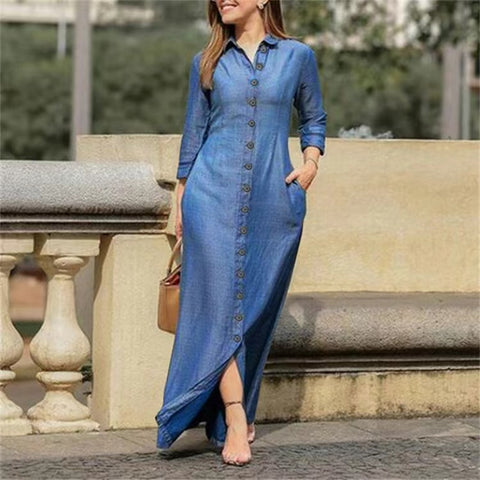 Oversized Chambray Denim Button Front Blouse Maxi Dress