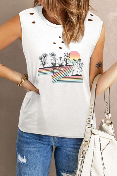 Broken Hole Detail Sleeveless Crew Neck Tank Top