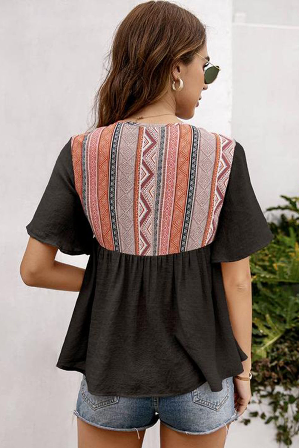 Western Serape Patchwork Flounce Short Sleeve Top