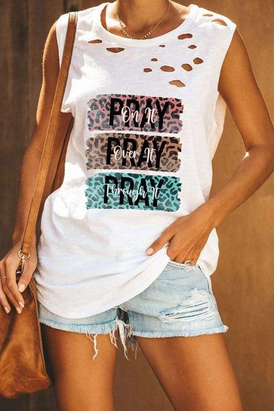 Broken Hole Detail Sleeveless Crew Neck Tank Top