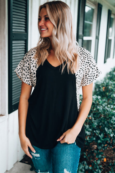 Leopard Sleeves Color Block V Neck T-shirt