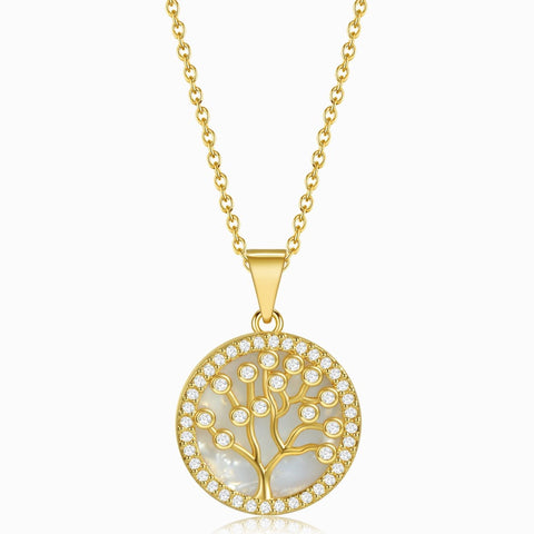 Round Tree Of Life Crystal And Pearl Gold Necklace