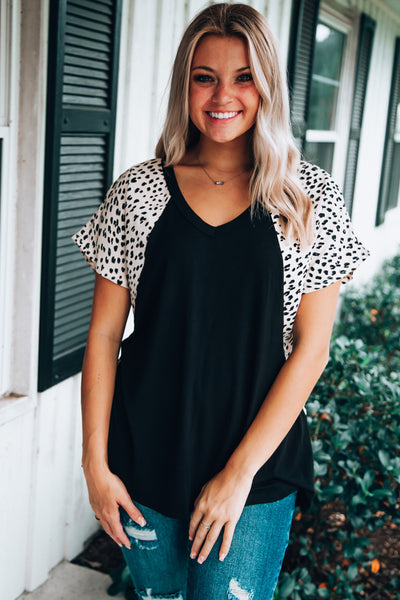 Leopard Sleeves Color Block V Neck T-shirt