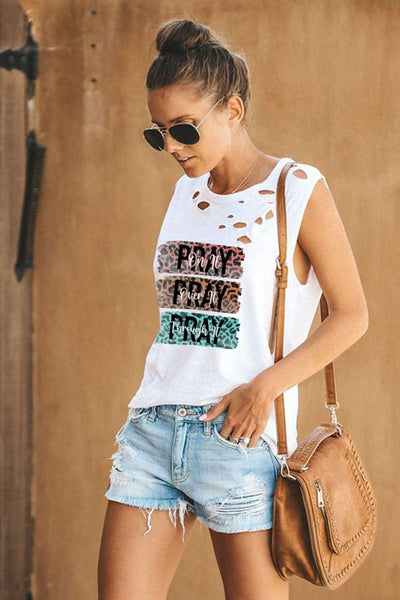 Broken Hole Detail Sleeveless Crew Neck Tank Top