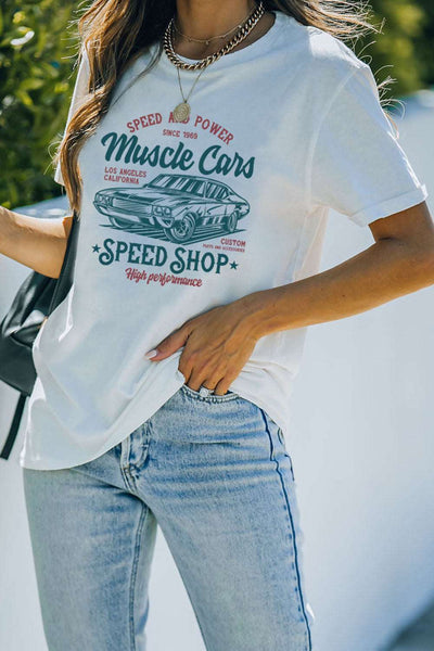 Casual Letter and Car Print Graphic Tee