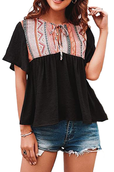 Western Serape Patchwork Flounce Short Sleeve Top