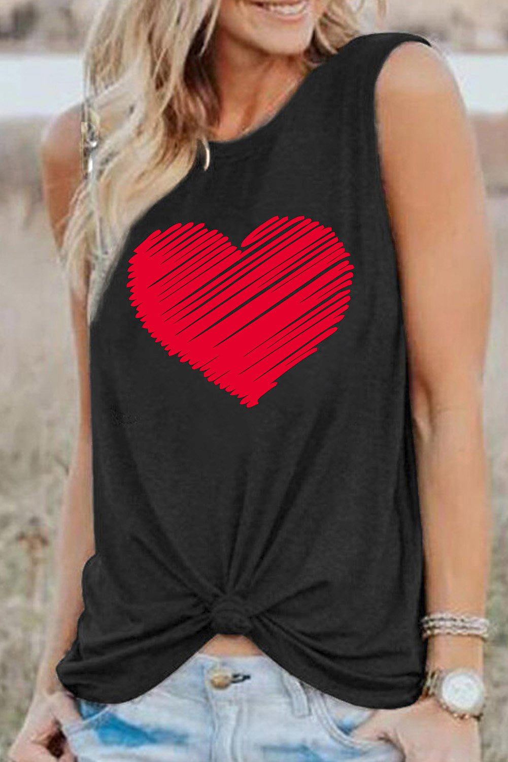 Valentine Heart Print Loose Crew Neck Tank Top