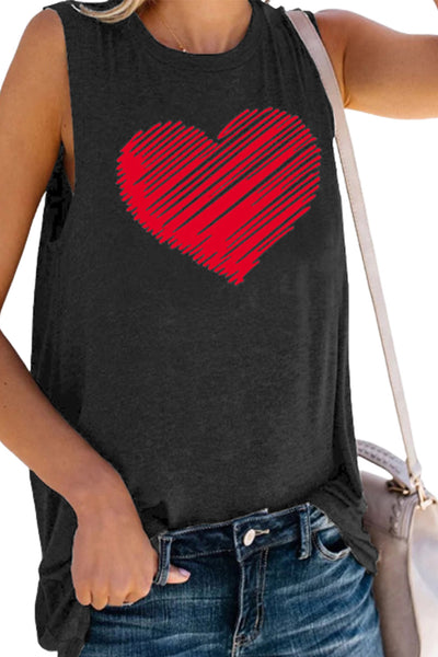 Valentine Heart Print Loose Crew Neck Tank Top