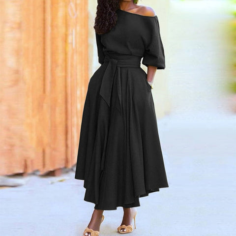 Stylish Cold Shoulder Plain Black Maxi Dress
