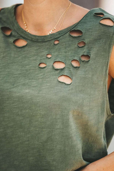 Broken Hole Detail Sleeveless Crew Neck Tank Top