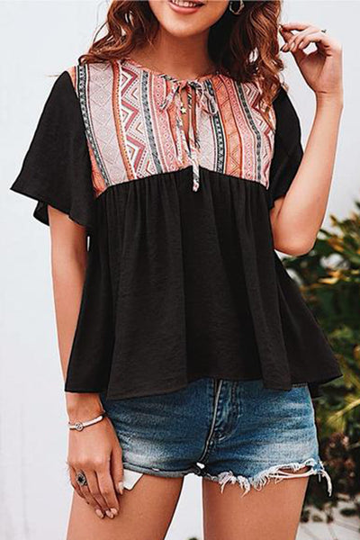 Western Serape Patchwork Flounce Short Sleeve Top