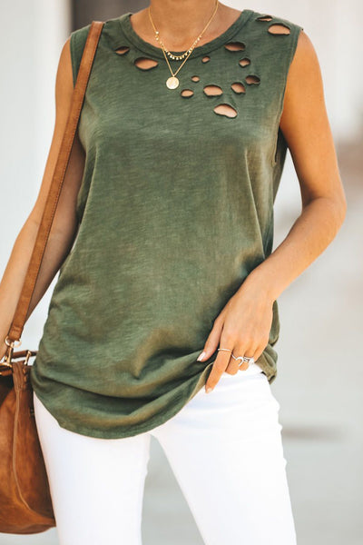 Broken Hole Detail Sleeveless Crew Neck Tank Top