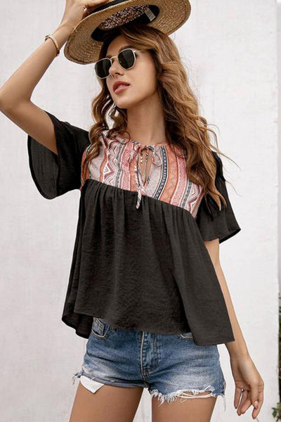 Western Serape Patchwork Flounce Short Sleeve Top