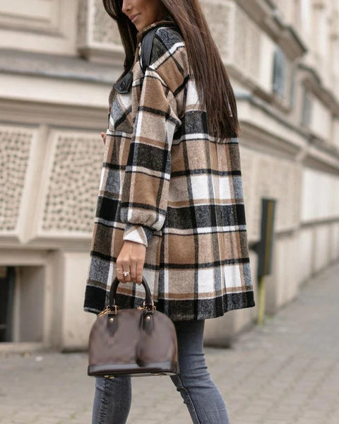 Stylish Check Print Coffee Outerwear