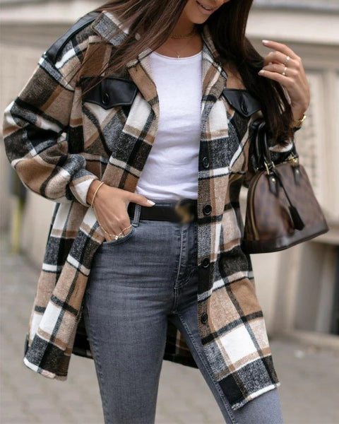 Stylish Check Print Coffee Outerwear