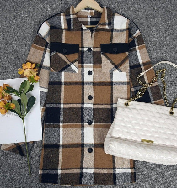 Stylish Check Print Coffee Outerwear