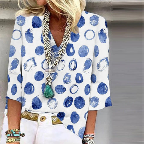 Abstract Blue Dot White V-Neck Tunic Top