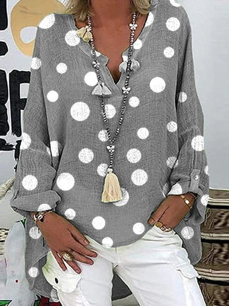 Modern White Polka Dot Relaxed Gray Blouse Tunic Top