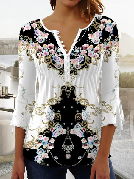 Vintage Inspo Black and White Floral Pleated Button Front Top