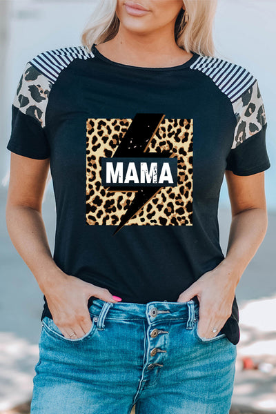 Striped Leopard Print Short Sleeve Women T-shirt