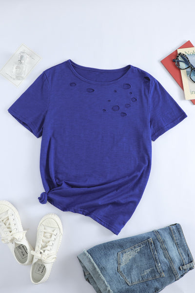 Holes Crew Neck Cotton Mixed T-shirt