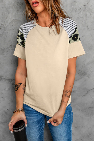 Striped Leopard Print Short Sleeve Women T-shirt