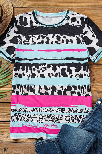 Cow Leopard Striped O-Neck Western Tee