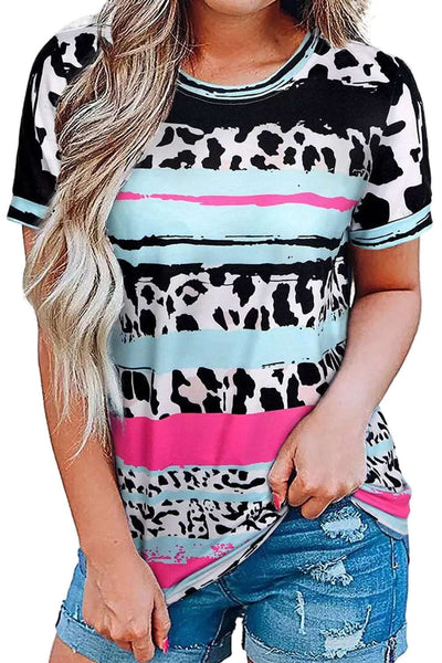 Cow Leopard Striped O-Neck Western Tee